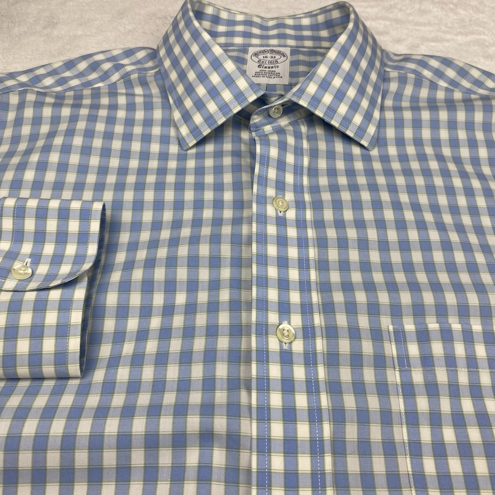 Brooks Brothers Dress Shirt Men's 16-33 Blue/White/Green Check Classic No Iron - Picture 4 of 10